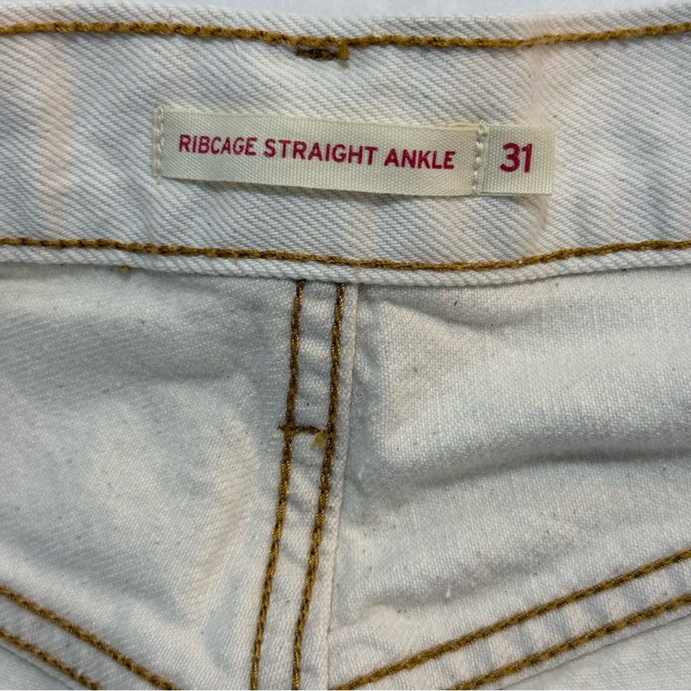 Levi’s Ribcage Straight Ankle Jeans Size 31 Ecru High Rise Button Fly Distressed - Picture 12 of 15